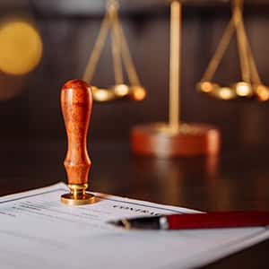 Notary stamp on legal document with pen, scales of justice blurred, symbolizing legal defense.