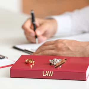 Couple dividing marital property in office of divorce lawyer